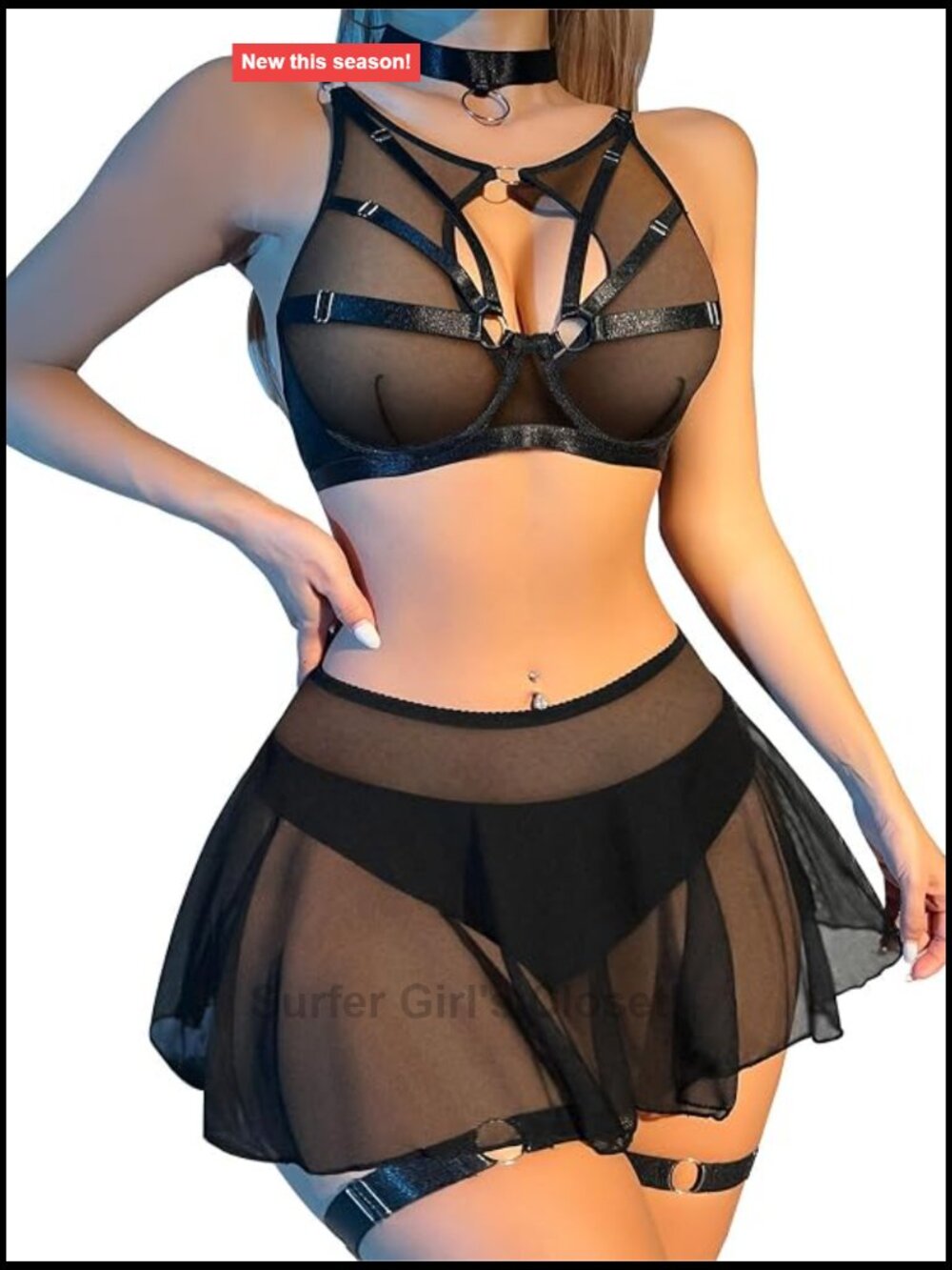 5 Piece Fishnet Lingerie Set Strappy Underwire O Ring Skirt Choker Stockings